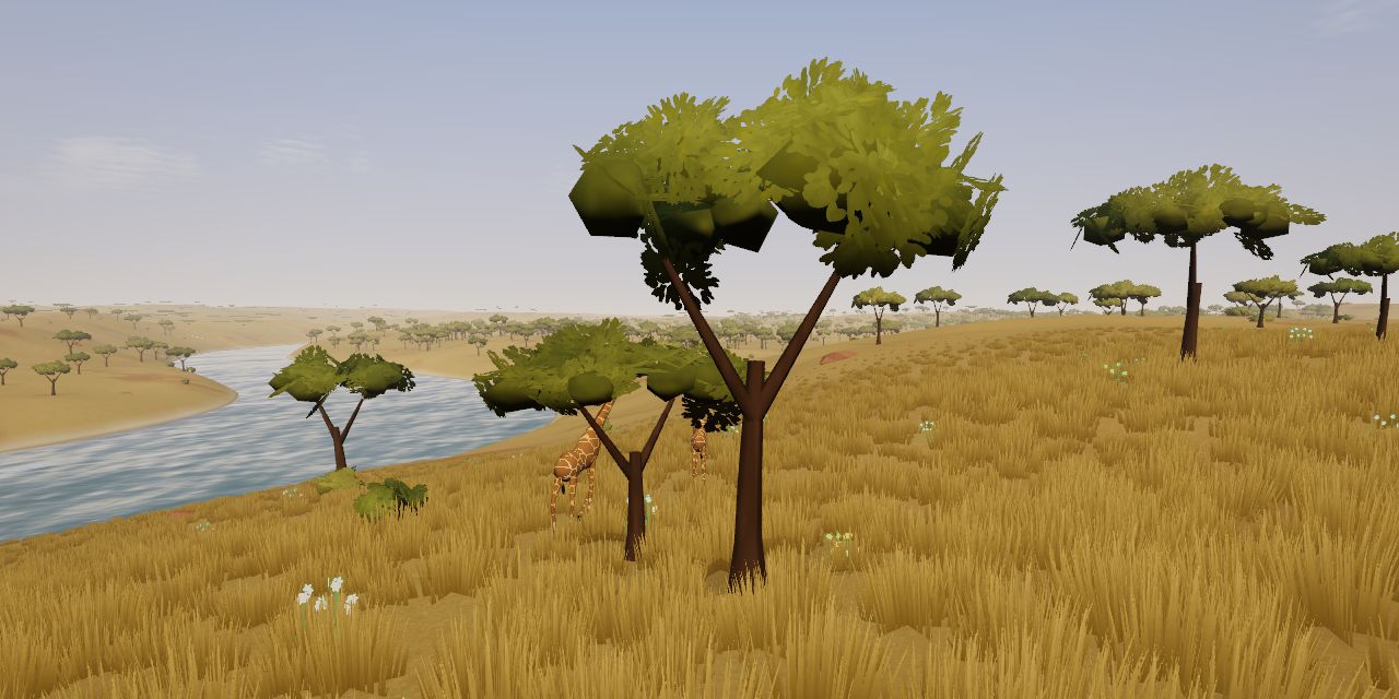 Savanna with acacias and giraffes by a river